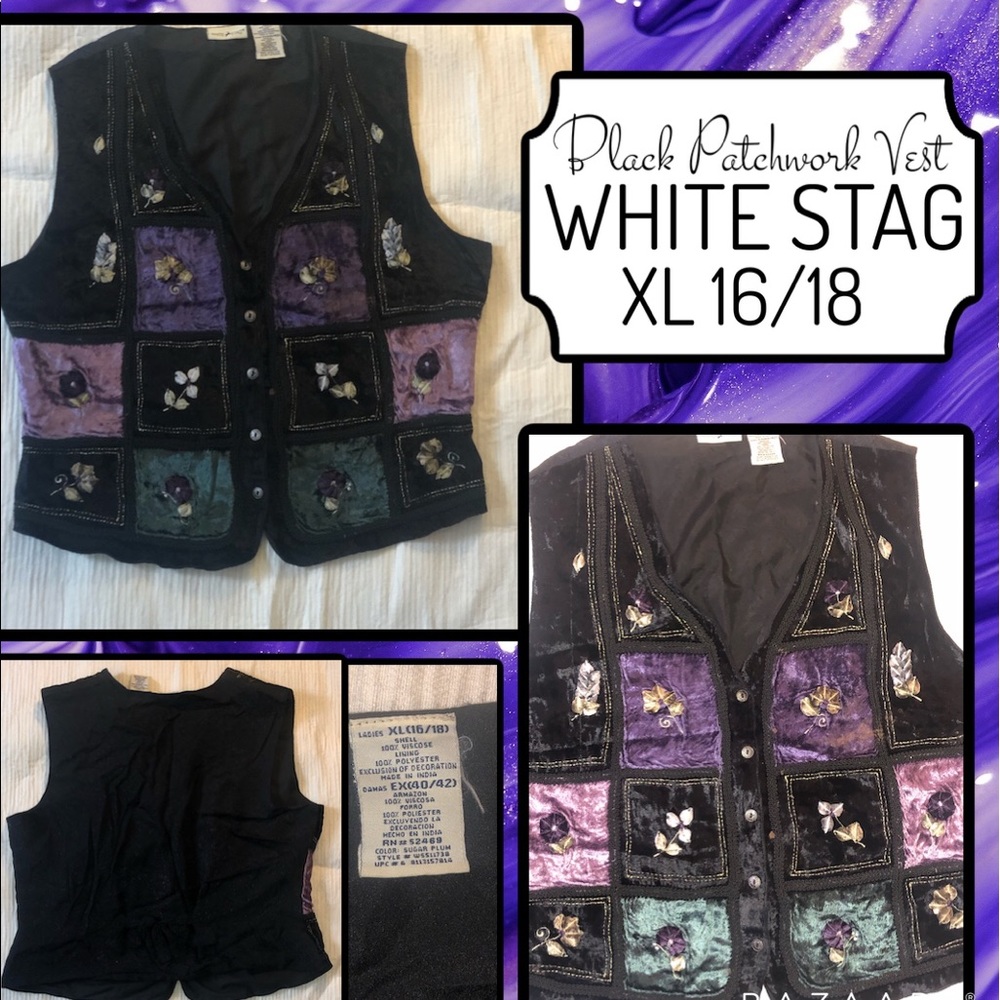 XL 16 18 Botanical Black Patchwork Vintage Vest
